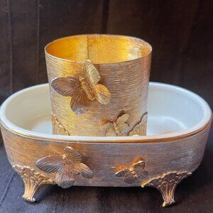 50's 24 Kt Gold-Plated Stylebuilt Butterfly Hollywood Reg. Soap Dish W Cup Hlder